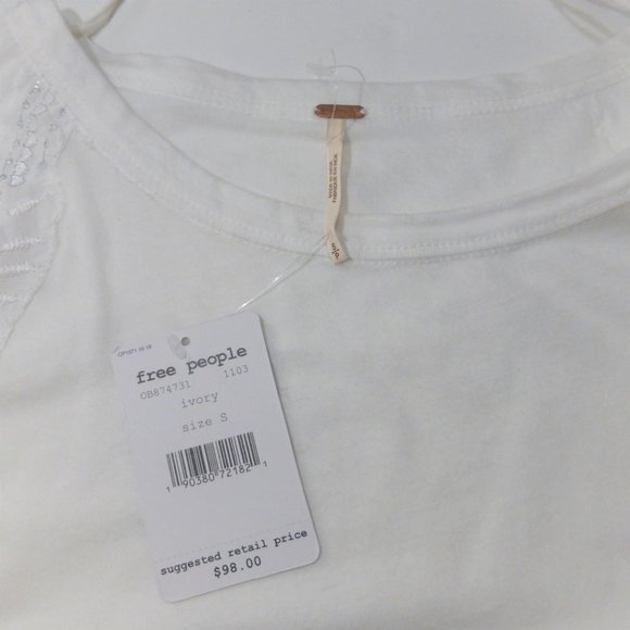 Small Free People White Cotton Embroidered Penny Tee Peasant Blouse Lace Sleeves - Picture 4 of 6